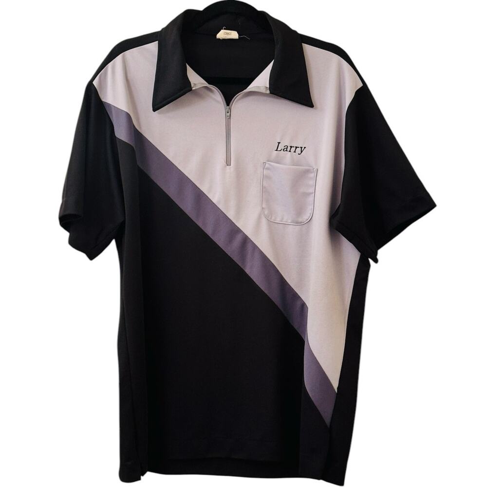 Vintage King Louie Black & Gray Men's Bowling Shirt Size XL Monogrammed Larry